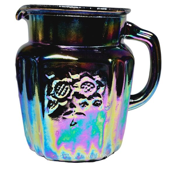 Vtg Mayfair Open Rose Pitcher Amethyst Carnival Glass & 3 Drinking Cups Set - Picture 2 of 16